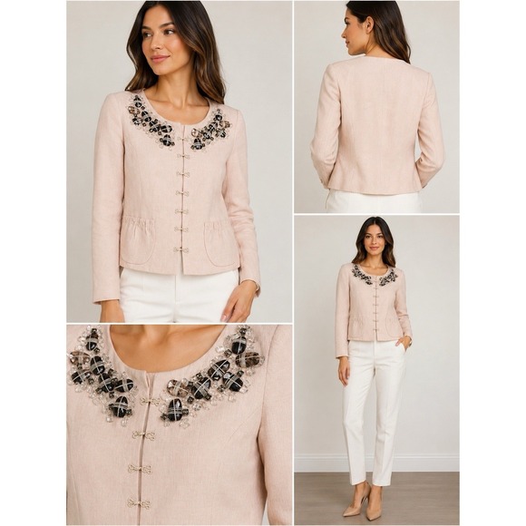 Robert Rodriguez Jackets & Blazers - Robert Rodriguez Linen Embellished Jewel Neck Hook & Eye Jacket Blush Pink Women